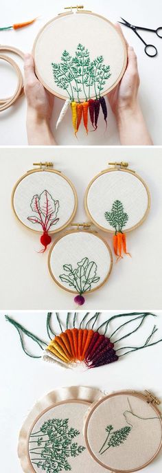 three pictures showing how to make embroidery flowers