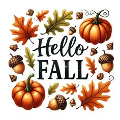 the words hello fall are surrounded by autumn leaves and acorns with acorns