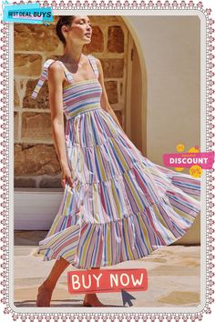 Summer Women's Printed Dress Striped Slim Sleeveless Dress Striped Vacation Dress With Tie Straps, Striped Dresses With Tie Straps For Vacation, Summer Multicolor Midi Sleeveless Dress, Multicolor Midi Sleeveless Dress For Summer, Striped Sleeveless Vacation Dresses, Sleeveless Striped Vacation Dresses, Sleeveless Multicolor Spring Maxi Dress, Sleeveless Multicolor Maxi Dress For Spring, Multicolor Sleeveless Maxi Dress For Spring