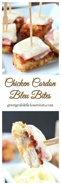 chicken cordon bltu bites with toothpicks in them on a white plate