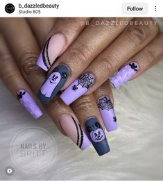 Disney Nails Acrylic Halloween, Disney Halloween Nails 2023, Halloween Nails Acrylic Purple, Ghost Mickey Nails, Mickey Mouse Ghost Nails, Minnie Mouse Halloween Nails, Mickey Mouse Nails Halloween, Mickey Ghost Nails, Halloween Mickey Nails