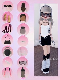 an image of a doll with many different outfits and accessories on her body, including boots