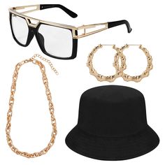 PRICES MAY VARY. 【Hip Hop Costume Set】Our hip hop costume kit package with 1 piece DJ rapper glasses, 1 Piece black bucket hat, 1 piece faux gold chain, 1 piece hip-hop hoop earrings, funny costume set for your 80s, 90s dress up, you'll be eye-catching one in 80s or 90s theme parties. A smooth and shiny appearance attracts the attention of any occasion. Definitely fits the theme of birthdays, the 80s, 90s themed parties, festivals, Halloween party or other parties, makes you look attractive and 90s Hip Hop Costume, Rapper Sunglasses, Women's 90s Outfits, Rapper Costume, Outfits Punk, Hip Hop Accessories, Hip Hop Costumes, Hip Hop Chains, Rapper Outfits