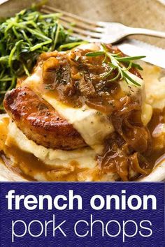 french onion pork chops with gravy and green beans