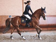 a woman riding on the back of a brown horse in an indoor arena with dirt flooring