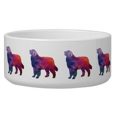 a dog bowl with three different colored dogs on it