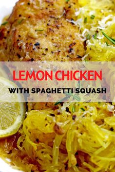 lemon chicken with spaghetti squash on a white plate