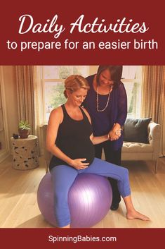 a pregnant woman sitting on top of an exercise ball while another woman stands next to her