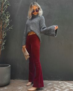 Sophie High Rise Bell Bottom Corduroy Pants - Burgundy Oshnow Red Flare Pants Outfit, Corduroy Pants Outfit, Off Shoulder Evening Gown, Warmest Wishes, Fall 23, Mini Skater Dress, Bell Sleeve Sweater