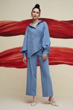 Frost blue asymmetric tie-up shirt with placement geometric embroidery. Paired with a pant. - Aza Fashions Embroidery Geometric, Tie Up Shirt, Placement Embroidery, Co Ords Outfits, Blue Luxury, Kaftan Designs, Pant For Women, Stylish Party Dresses, Embroidery Designs Fashion