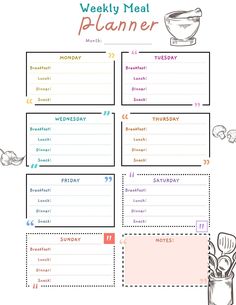 the weekly meal planner is shown with utensils