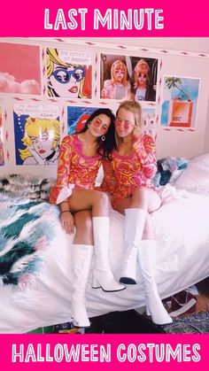 two young women sitting on top of a bed next to each other in front of pictures