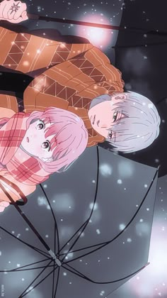 two anime characters sitting on top of an umbrella in the snow with their faces close to each other