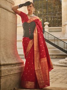 Make a statement with this beautiful red saree, crafted from silk material with exquisite zari weaving work. The saree comes with a matching blouse, also made from the same silk material with zari weaving work. With a length of 5.50 meters, the saree provides ample material to create a stunning drape. The blouse is unstitched, allowing you to customize it according to your preferences.
A saree is a traditional Indian attire that adds grace and elegance to any occasion. Whether it's a wedding, fe Wedding Wear Saree, Grey Saree, Handloom Fabric, Latest Designer Sarees, Indian Look, Silk Saree Blouse, Red Saree, Wear Saree, Silk Wedding