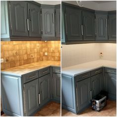 two pictures of the same kitchen cabinets in different stages of remodeling and painting