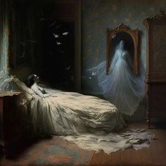 a painting of a woman in white dress laying on a bed next to a mirror