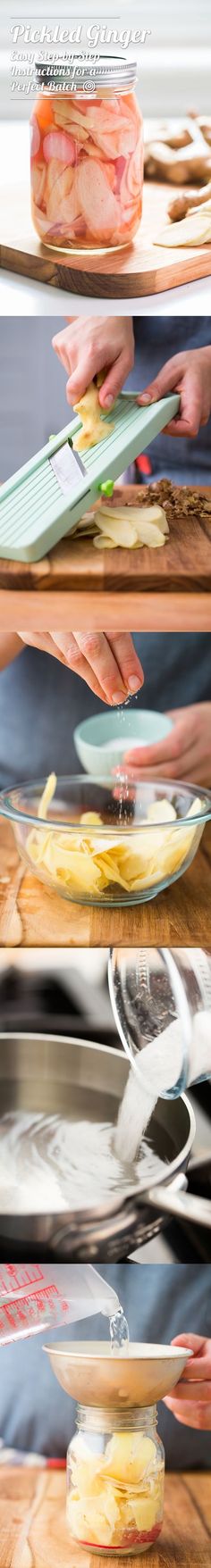 How to make EASY DIY homemade pickled ginger. This delicious recipe is a classic sushi restaurant condiment. Try canning it at home and add it to lemonade! Pickle Ginger, Recipes Sushi, Salmon Japanese, Rolls Homemade, Recipes Meat, Japanese Desserts, Sushi Sushi, Pink Ginger, Homemade Sushi