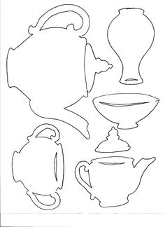 teapots and cups are drawn in the shape of an outline on a white background