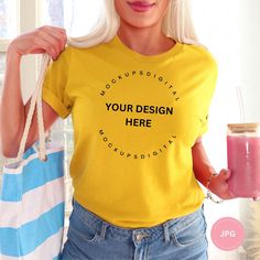 This mockup features a maize yellow Bella and Canvas 3001 t-shirt, perfect for showcasing your bridesmaid, spring, or summer designs. This listing includes the front of the t-shirt (front mockup) and a free Bella Canvas size chart (Printify 2022). ✌This is not a smart object. ✌ ❤️Receive three free mockups! Copy and paste the link to claim your free mockups and stay updated on our latest listings and sales! https://deft-builder-4403.ck.page/787184d65e You can customize these JPG mockups in a few Trendy Stretch Yellow T-shirt, Cheap Yellow T-shirt With Custom Print, Yellow Plain T-shirt With Relaxed Fit, Cheap Yellow Everyday T-shirt, Yellow Relaxed Fit Plain T-shirt, Yellow Shirts, Clothing Mockup, Nursing Tshirts, Summer Design