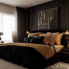 a bedroom with black walls, gold accents and a large bed in the middle of it