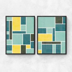 two framed art pieces on a wall, one is blue and the other is yellow