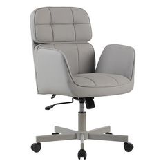 a gray office chair with wheels on an isolated white background, viewed from the front