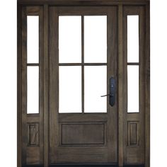 an exterior door with two sidelights and three panes on the top, in dark wood