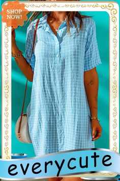 Sky Blue Plaid Pattern Collared Neck Buttons Short Sleeve Shirt Dress Blue Mini Shirt Dress With Button Closure, Blue Knee-length Shirt Dress With Placket, Cheap Light Blue Button-up Shirt Dress, Blue Button-up Short Sleeve Shirt With Placket, T Shirt Dresses, Shirt Dress Women, Short Sleeve Shirt Dress, Blue Plaid Pattern, Light Blue Button-up Cotton Shirt Dress