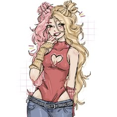 a drawing of a woman with blonde hair and glasses on her face, wearing jeans