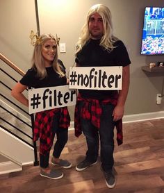 two people are dressed up in costumes and holding signs that read,'milleninal costume idea '