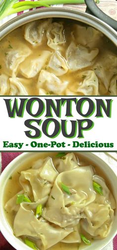 this is an image of wonton soup in a pot with the title above it