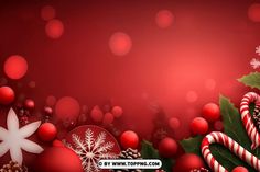 a red christmas background with candy canes and ornaments