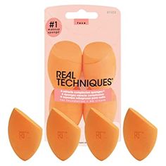 Real Techniques Miracle Complexion Sponge, Makeup Blending Sponge, For Foundation, Offers Light To Medium Coverage, Natural, Dewy Makeup, Orange Sponge, Latex-Free Foam, 4 Count Foundation Full Coverage, Flawless Makeup Application, Dewy Makeup