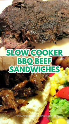 Two photos of Slow Cooker BBQ Beef Sandwiches Slow Cooker Bbq Beef, Bbq Beef Sandwiches, Fall Crockpot, Crockpot Meal, Beef Sandwiches, Oven Baked Recipes, Crockpot Pulled Pork, Slow Cooker Bbq, Beef Chuck Roast