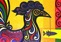 a painting of a colorful rooster with swirls on it's body and tail