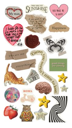 an assortment of stickers with words and pictures on them, including hearts, stars, butterflies