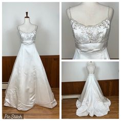 the back of a wedding dress on display in three different angles, including one with a train