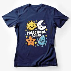 Kids Preschool Squad T-Shirt, Cute Sun Moon Star Water Drop Tee, Toddler Graphic Shirt, Children Learning Tops Female T-Shirt Custom graphic T-Shirt.Customize your color Cute Short Sleeve T-shirt With Star Print, Cute Blue T-shirt For End Of School Year, School Spirit T-shirt With Character Print, School Spirit Crew Neck T-shirt With Character Print, Blue Star Print Graphic Tee, Blue Graphic Tee With Star Print, Kids Cartoon Characters, Animal Graphic Tee, Cute Sun