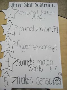 the five star sentence worksheet is on top of a wooden table with black and white writing