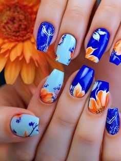 55+ Blue and Orange Nail Designs and Ideas | Sarah Scoop Orange Teal Nails, Teal Nails, Orange Ombre, Blue Nail Art, Blue Nail Designs