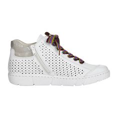 Rieker Jacks Perforated White Women's Shoes Rieker Jacks Perforated White Women's Shoes Explore the perfect blend of style and durability with these Rieker Jacks perforated shoes for women. Crafted with high-quality faux leather, these shoes feature a breathable textile interior and a sturdy TR sole. The lace-up closure provides a secure fit, while the flat heel offers comfort for all-day wear.   Color: White  Heel Height: 3cm  Heel Type: Flat  Shoe Width: Narrow to Normal (F)   Care Instructions: Remove dust and dirt with a soft shoe brush or a lint-free, slightly damp cloth. White Low-top Walking Shoes With Perforations, White Leather Walking Shoes With Laces, Lace-up High-top Sneakers With Perforations, White High-top Walking Shoes With Cushioned Footbed, Sporty White Walking Shoes With Perforations, White Lace-up Walking Shoes With Perforated Toe Box, Casual White High-top Sneakers With Vented Sides, White Lace-up Sneakers With Vented Sides, White Low-top Walking Shoes With Perforated Toe Box