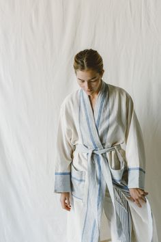 Ivory Blue Tribeca Long Bathrobe Minnie Outfit, Linen Robe, Lounge Robes, Lightweight Dress, Striped Linen, By The Sea, Traditional Techniques, The Coast, Bath Accessories