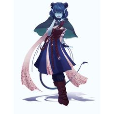 an anime character with blue hair and horns, holding a cat's tail in her hand