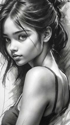 a black and white drawing of a girl with her hair in a ponytail, looking at the camera