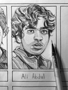 a pencil drawing of two young men with curly hair, and the words all about