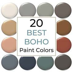 the 20 best boho paint colors for interior walls and floors in shades of gray, brown, beige, blue, green