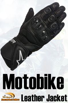 the motorbike leather jacket is black and has white letters on it that read motobike