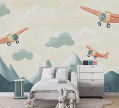 Vintage Airplane Adventure Kids Wallpaper - Mountain and Sky Themed Nursery Wall Art Peel and Stick Wallpaper: Description: This is a self-adhesive wallpaper that is easy to apply and remove, making it perfect for renters or anyone looking for a non-permanent decorating solution. Features: Easy to install with no additional adhesives or putties required. Can be removed without leaving any residue or damaging walls. Ideal for smooth and flat surfaces. Ideal for DIY projects and quick room renovat Sky Themed Nursery, Wallpaper Mountain, Vintage Airplane, Vintage Airplanes, Themed Nursery, Kids Adventure, Room Renovation, Adhesive Wallpaper, Kids Wallpaper