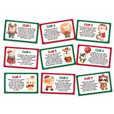 six christmas themed reward cards with animals on them