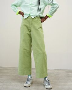 Rose Corduroy Pants - Green Green Corduroy Bottoms For Fall, Green Corduroy Bottoms With Pockets, Casual Green Corduroy Pants, Spring Corduroy Bottoms With Elastic Waistband, Green Wide-leg Jeans For Workwear, Green Wide-leg Workwear Jeans, Spring Tapered Leg Corduroy Bottoms, Green Cotton Pants With Five Pockets, Green Corduroy Bottoms For Work